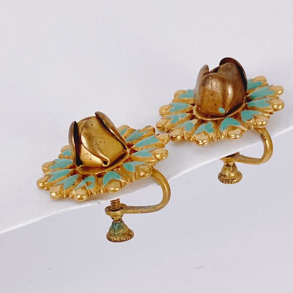 Vintage 1950s Earrings Aqua Enamel Rosebud Screw Back Mid Century Gold Tone - Picture 2 of 11